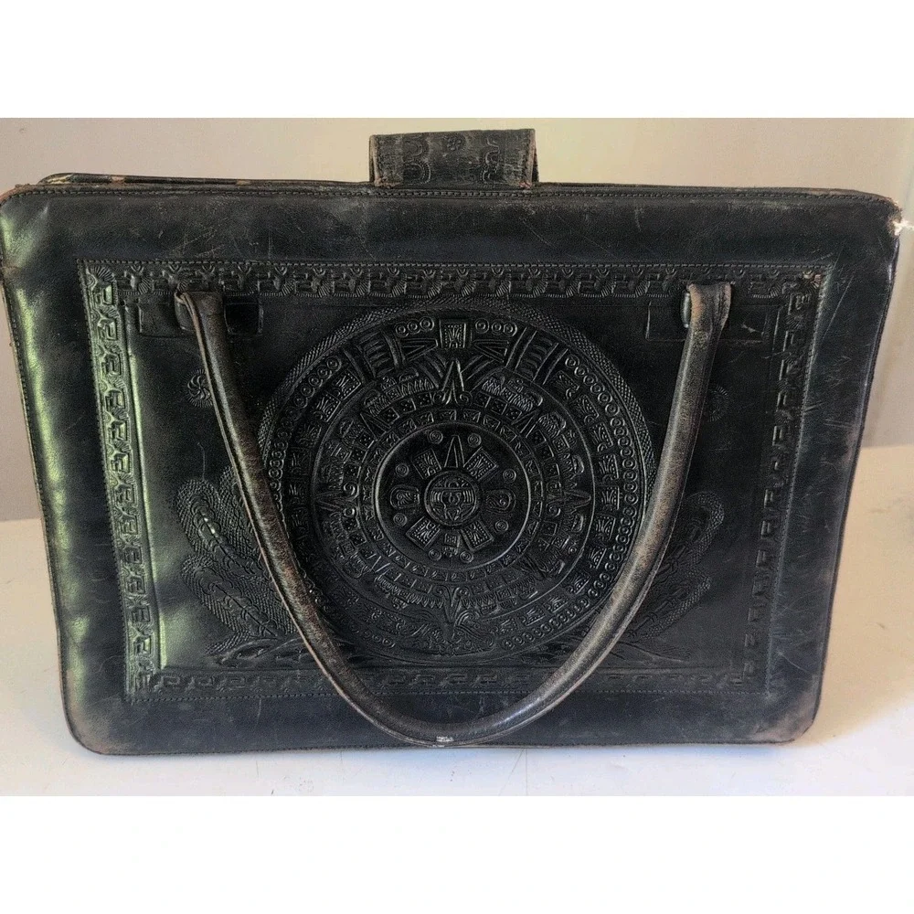 Antique Vintage Black Leather Tooled Purse Aztec Mayan Mexico Hippie Boho Repair